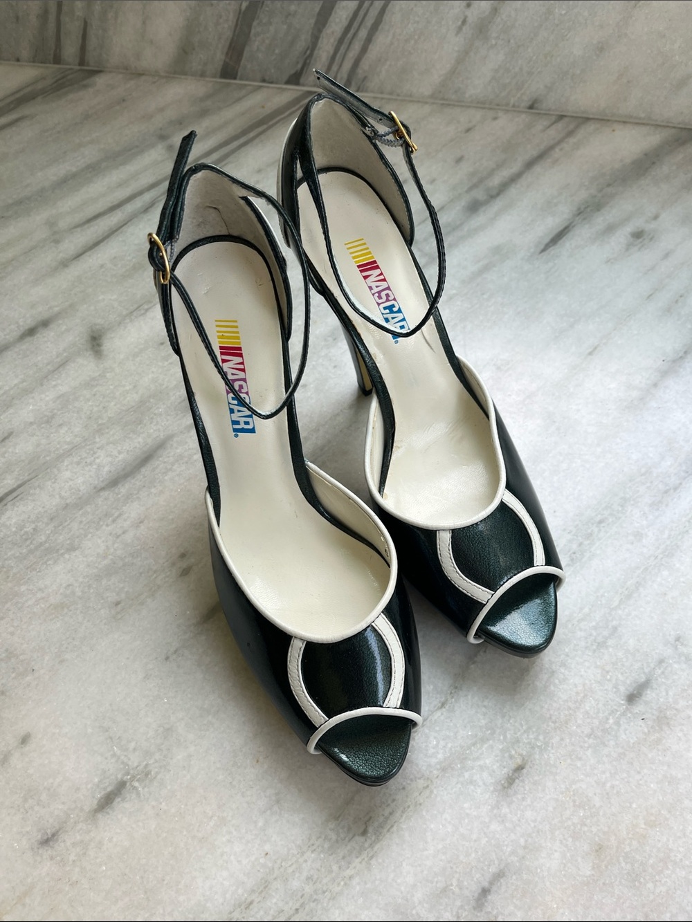 Nascar Dark Green Peep-Toe Ankle Strap Heels with White Trim